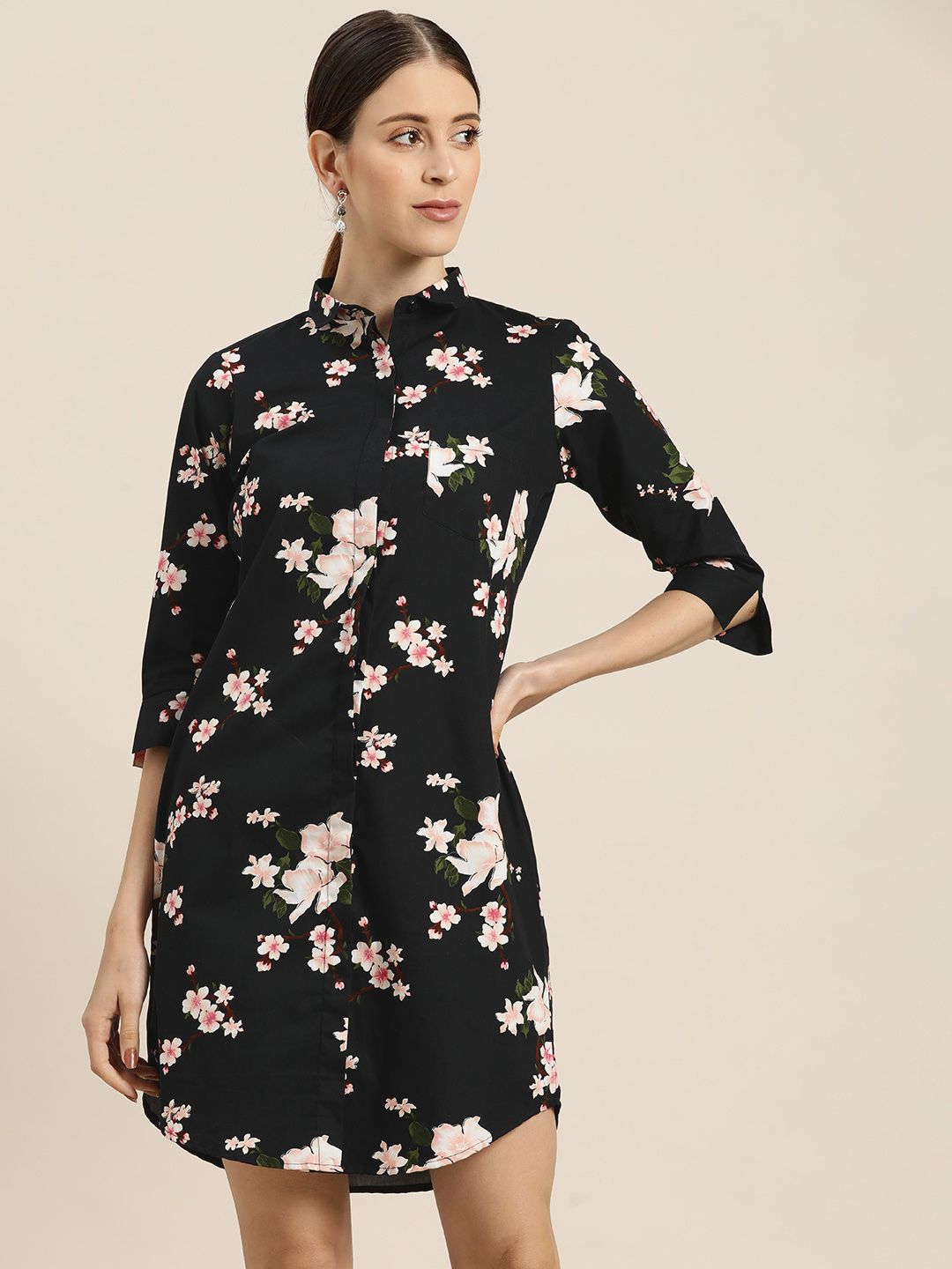 Hancock Black & Pink Floral Pure Cotton Shirt Dress