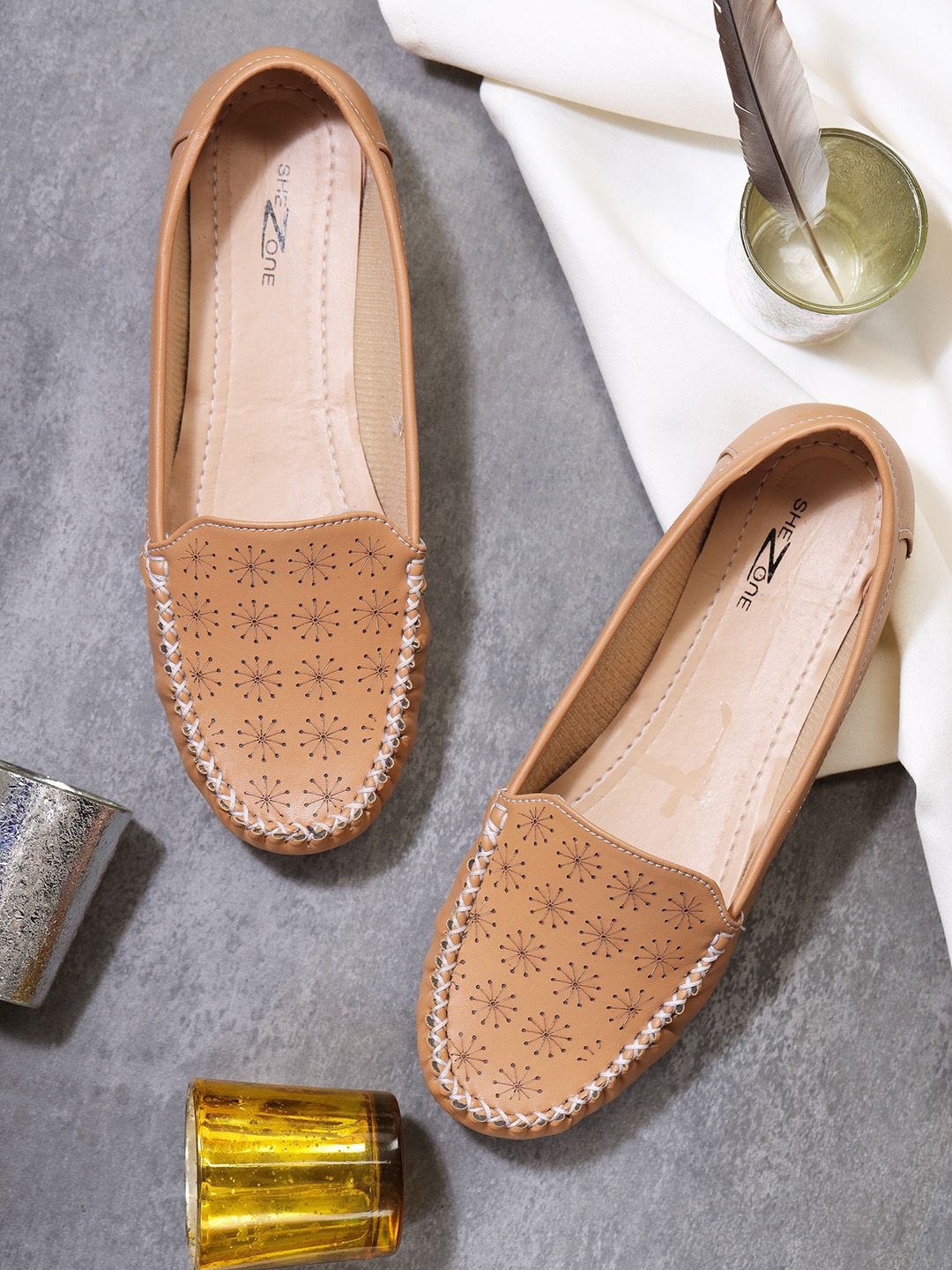Shezone Women Beige Textured Ballerinas with Laser Cuts Flats Price in India