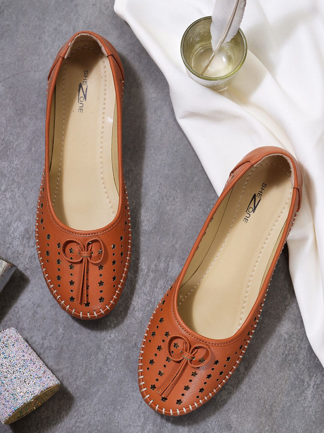 Shezone Women Tan Brown Laser Cuts Ballerinas Flats Price in India