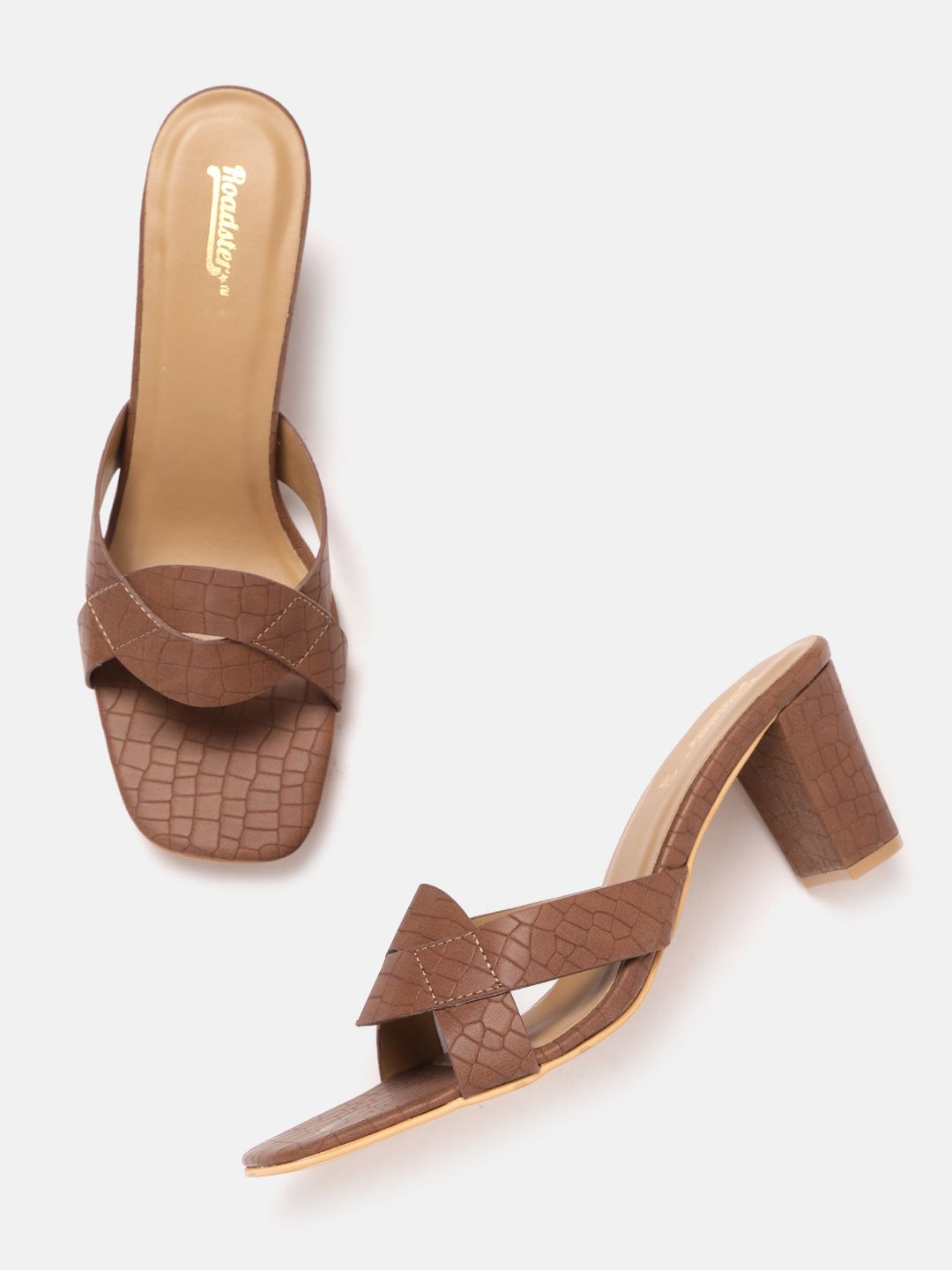 Roadster Brown Croc Textured Block Heels Price in India