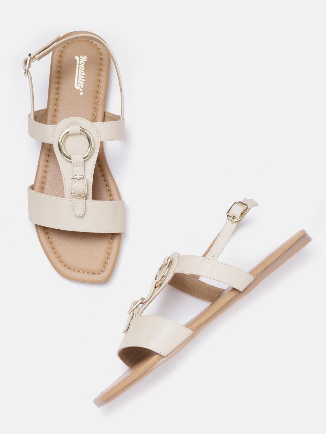 Roadster Women Cream-Coloured Solid Open Toe Flats with Buckle Detail Price in India
