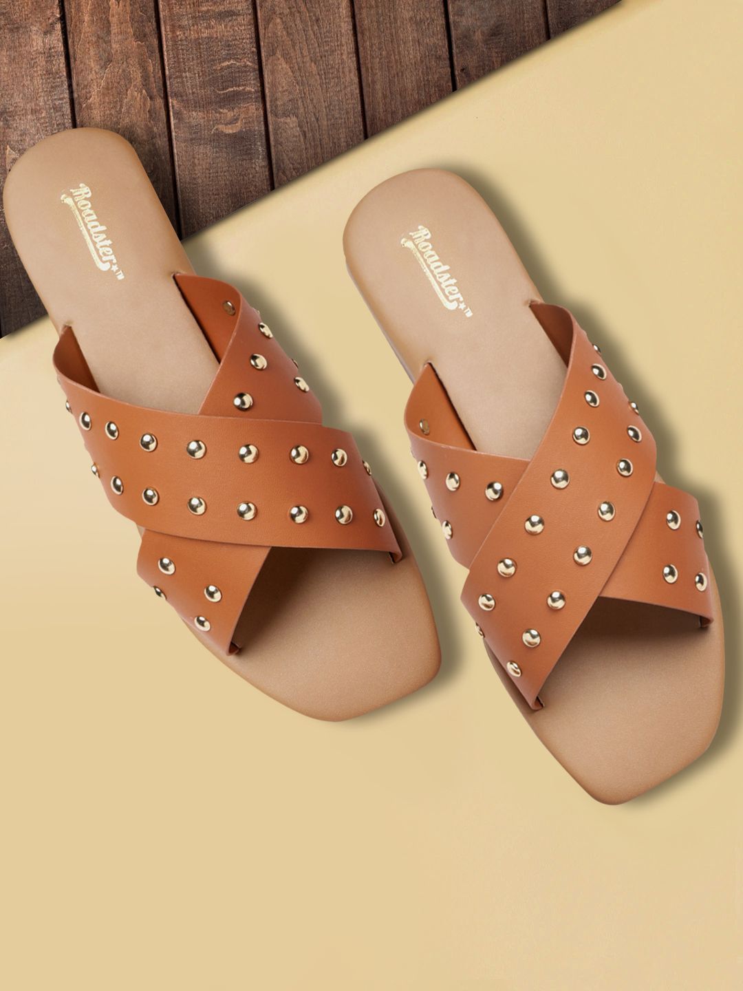 Roadster Women Tan Brown & Gold-Toned Studded Open Toe Flats Price in India