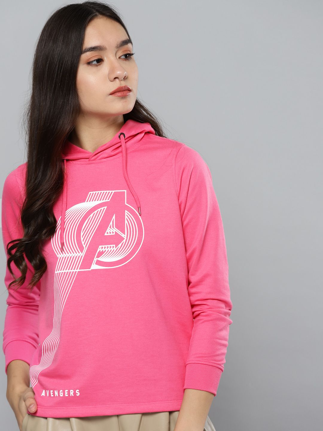 Kook N Keech Marvel Women Pink & White Printed Hooded Sweatshirt Price in India