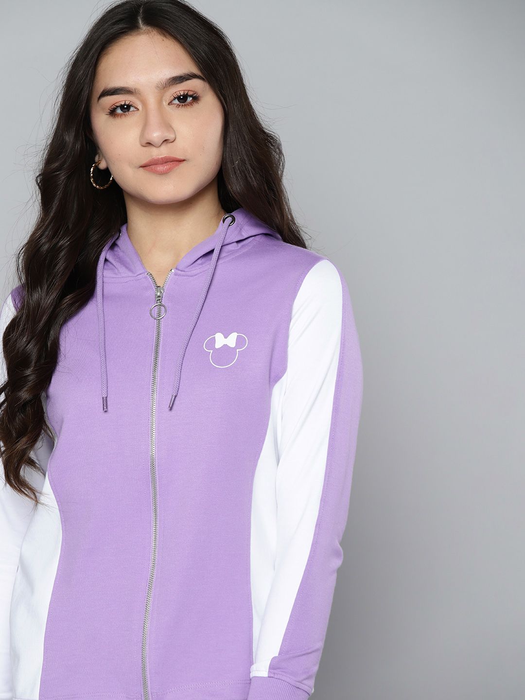 Kook N Keech Disney Women Lavender & White Colourblock Hooded Sweatshirt Price in India