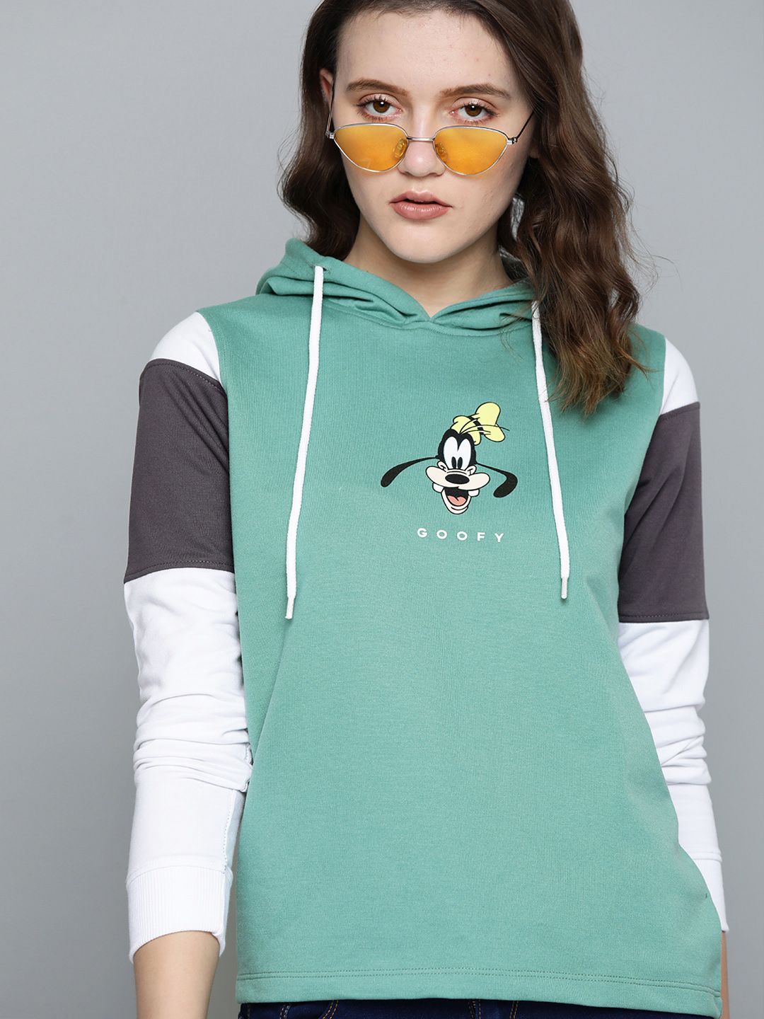 Kook N Keech Disney Women Sea Green Goofy Printed Hooded Sweatshirt Price in India