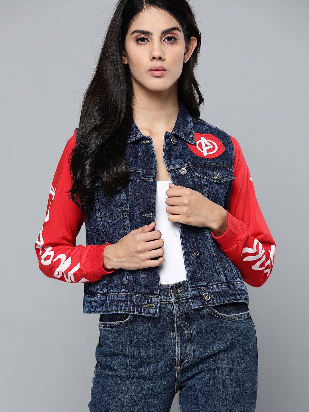 Kook N Keech Marvel Women Navy Blue & Red Pure Cotton Denim Jacket Price in India