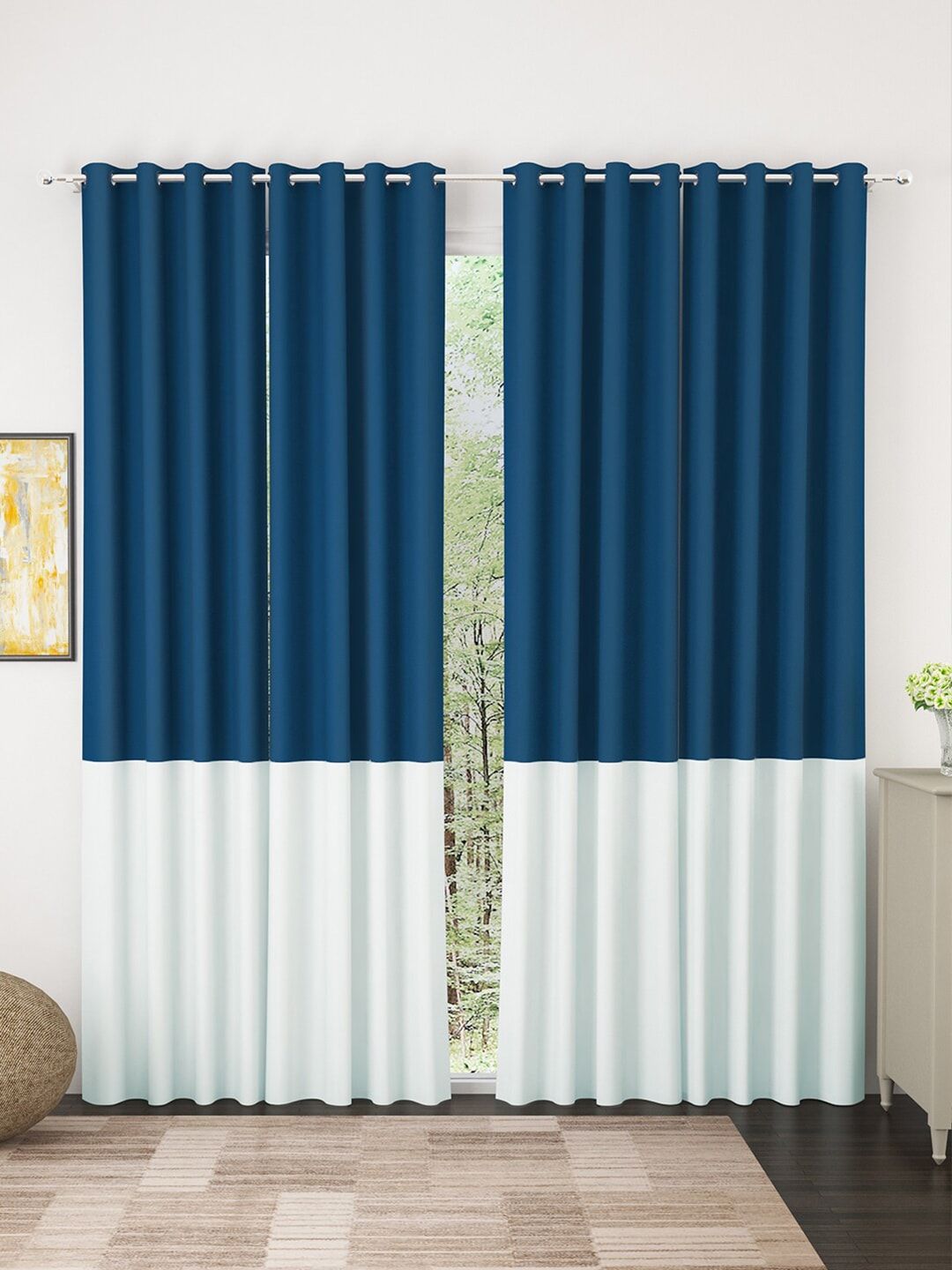 Story@home Blue & Silver-Toned Set of 4 Faux Silk Colourblocked Room Darkening Door Curtain Price in India