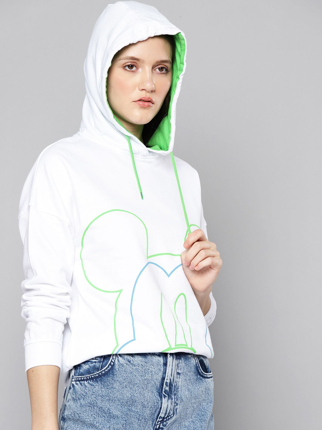 Kook N Keech Disney Women White & Green Mickey Mouse Print Hooded Sweatshirt Price in India