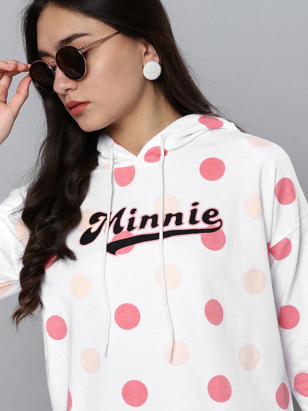 Kook N Keech Disney Women White & Pink Polka Dots & Minnie Print Hooded Sweatshirt Price in India