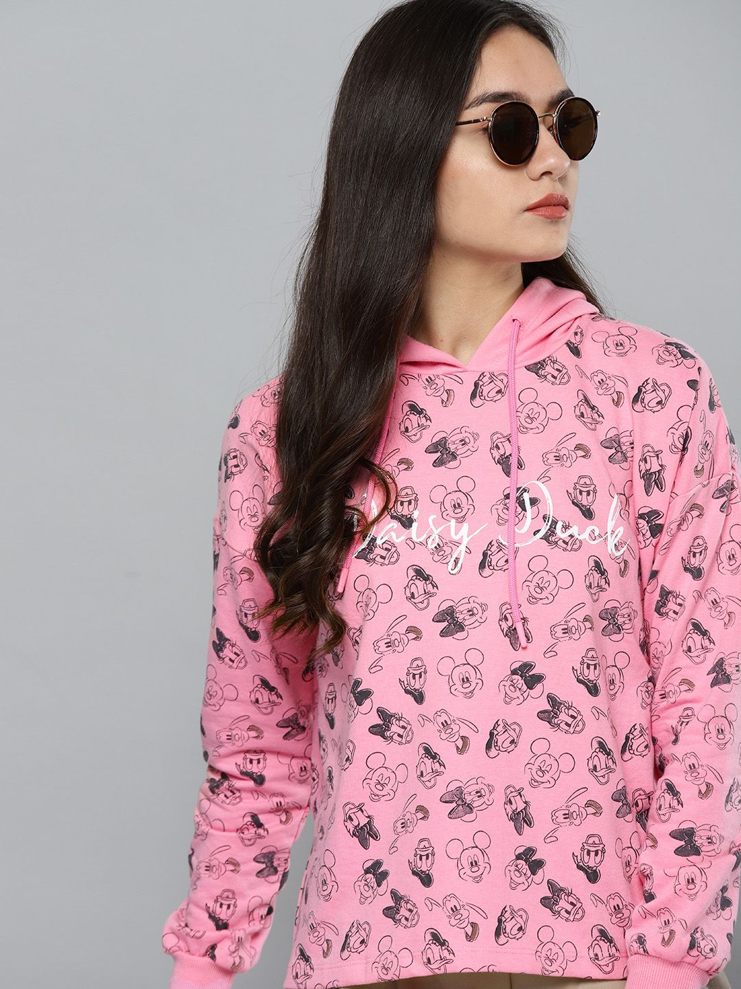 Kook N Keech Disney Women Pink & Black Mickey & Friends Print Hooded Sweatshirt Price in India