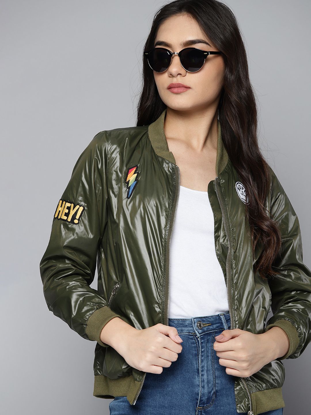 Kook N Keech Women Olive Green Solid Applique Detail Bomber Jacket Price in India
