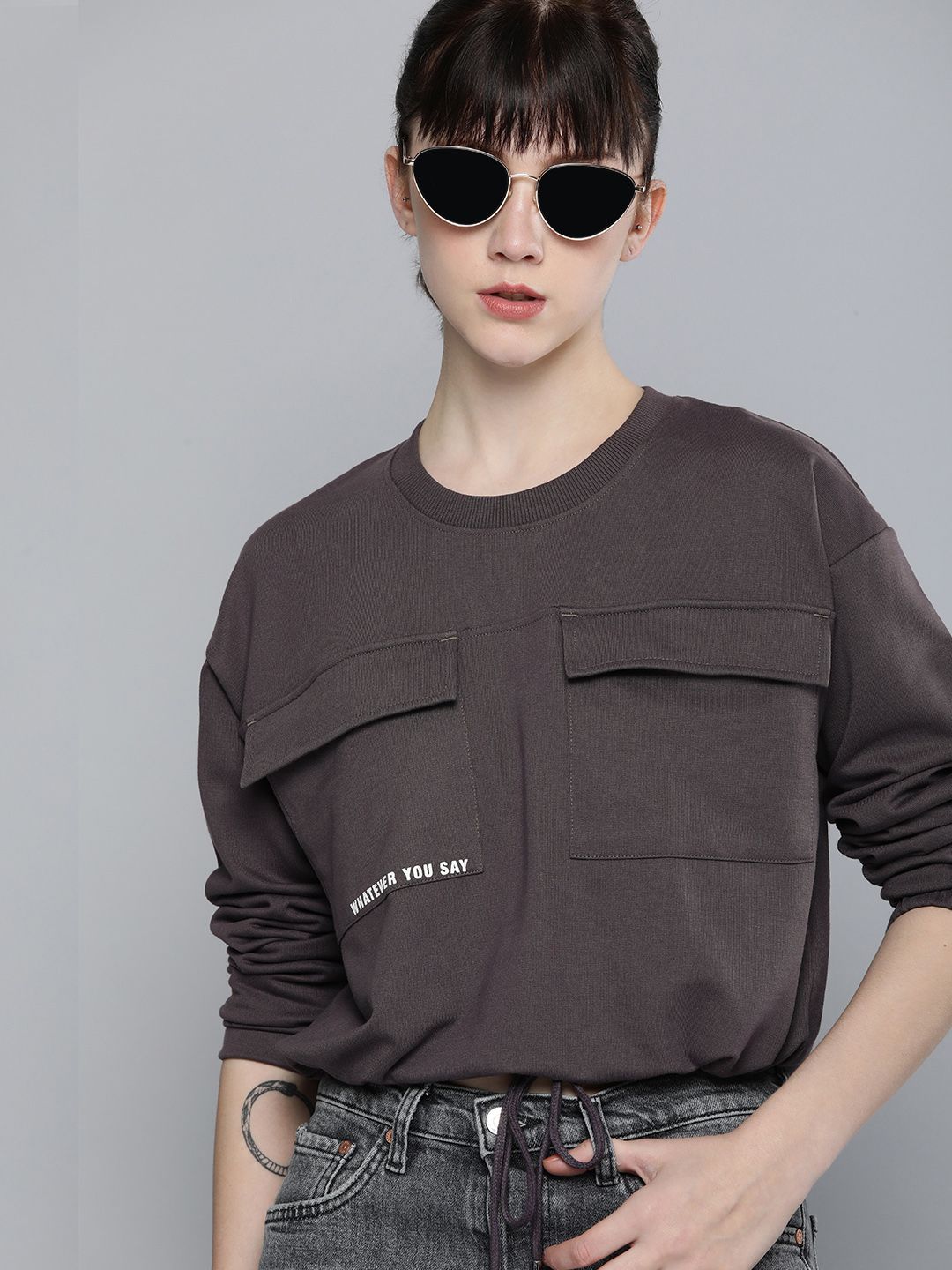Kook N Keech Women Charcoal Solid Pullover Crop Sweatshirt With Tie-Up Detail Price in India