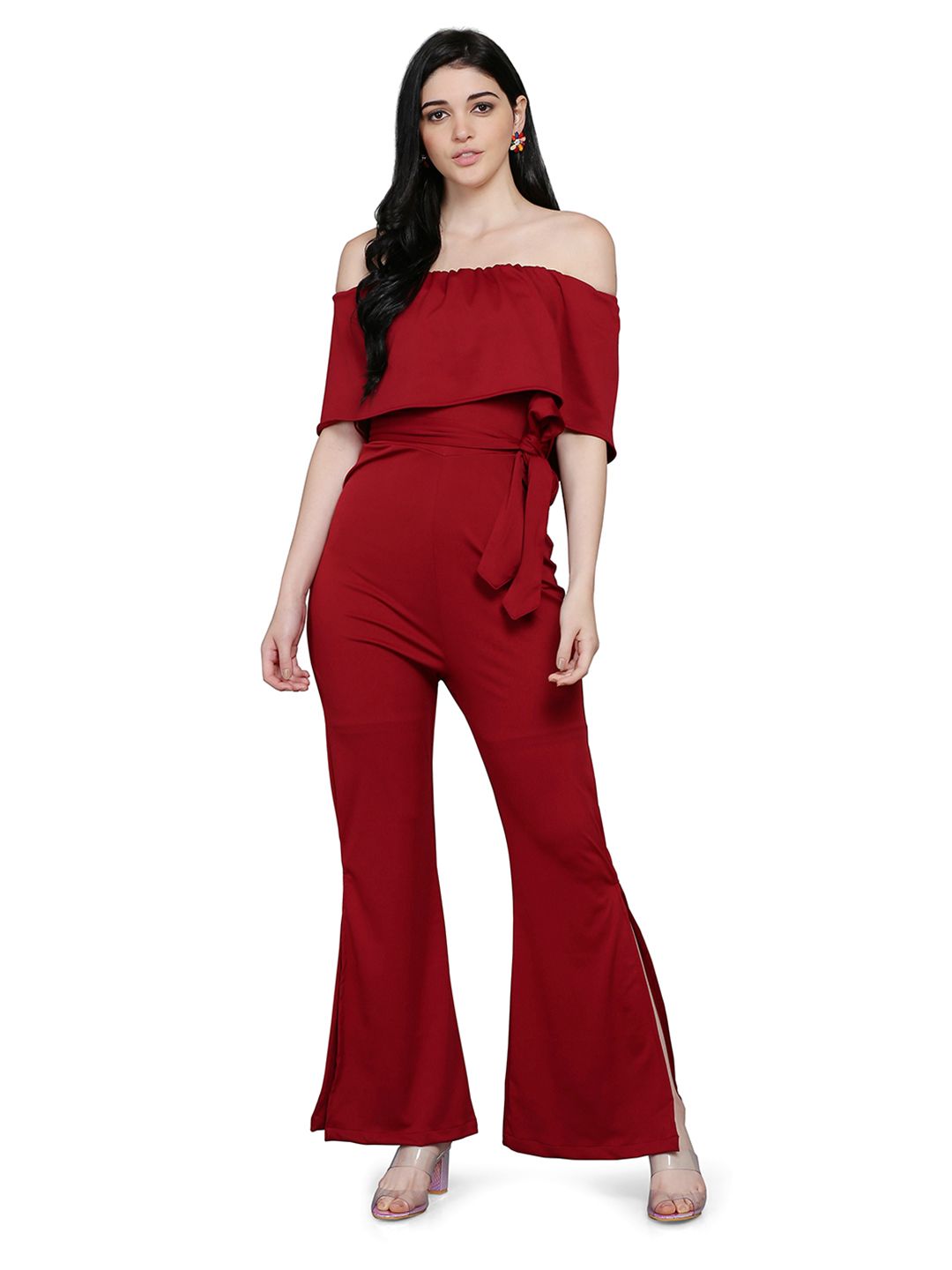 STALK Women Maroon Off-Shoulder Basic Jumpsuit with Layered Price in India