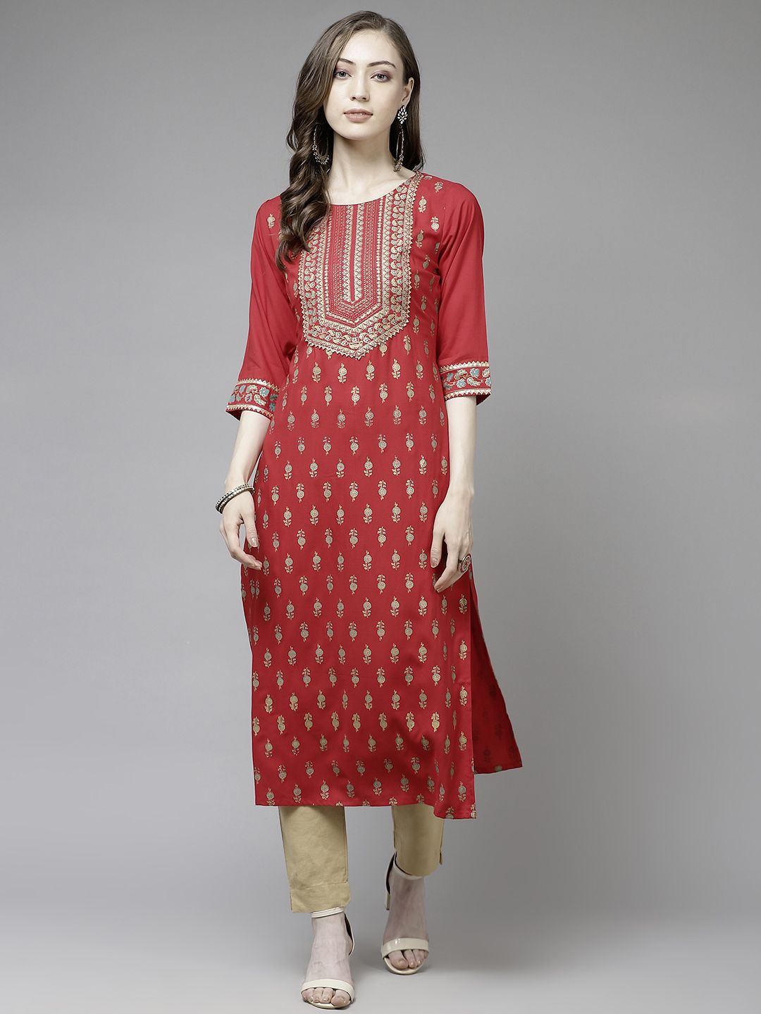 Ginni Arora Label Women Red & Golden Foil Print Gotta Patti Straight Kurta Price in India