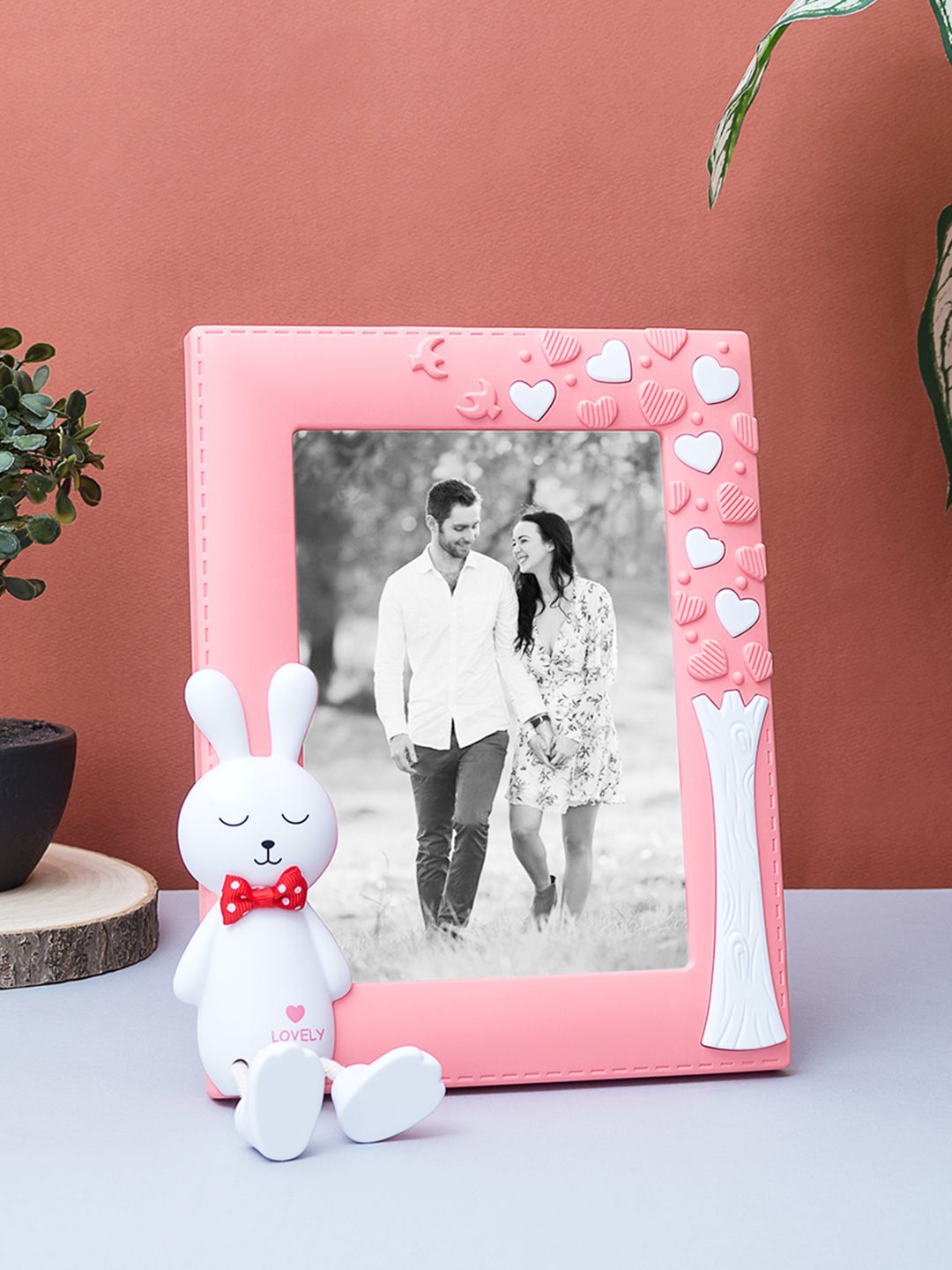 Golden Peacock Pink & White Bunny Rabbit Embossed Table Photo Frame Price in India