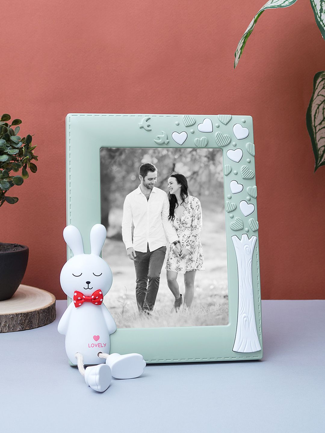Golden Peacock Sea Green & White Bunny Rabbit Embossed Table Photo Frame Price in India