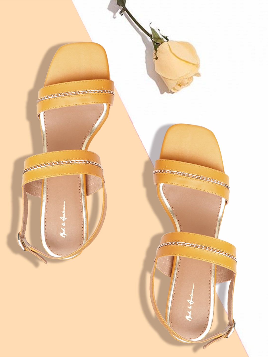 Mast & Harbour Women Mustard Yellow & Gold-Toned Solid Block Heels with Link Detail Price in India