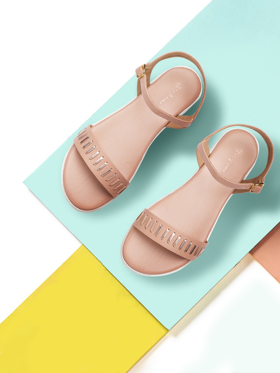 Mast & Harbour Women Peach-Coloured & Rose Gold-Toned Open Toe Flats Price in India