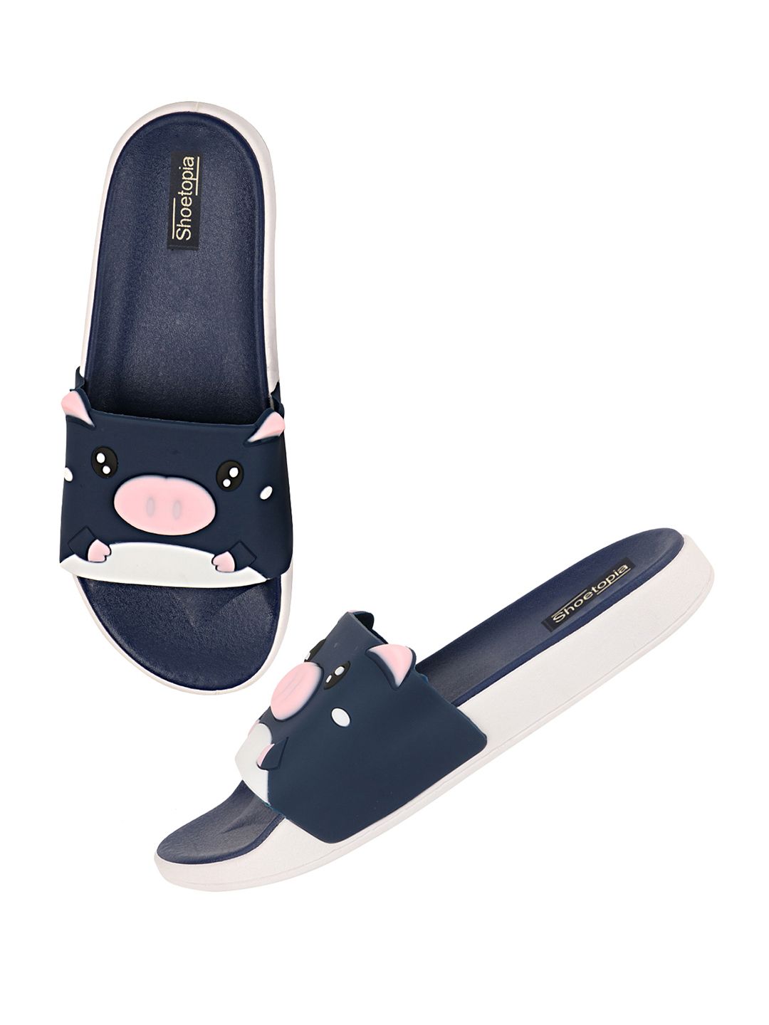 Shoetopia Women Navy Blue & Pink  Printed Sliders Price in India