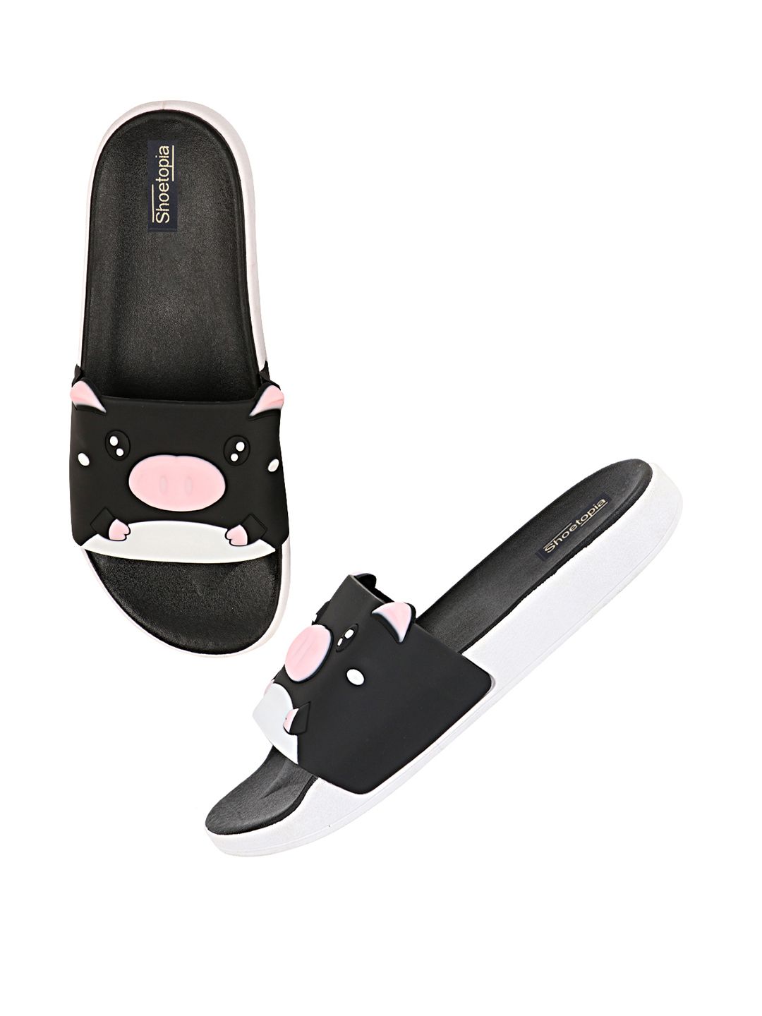 Shoetopia Women Black & White Printed Sliders Price in India