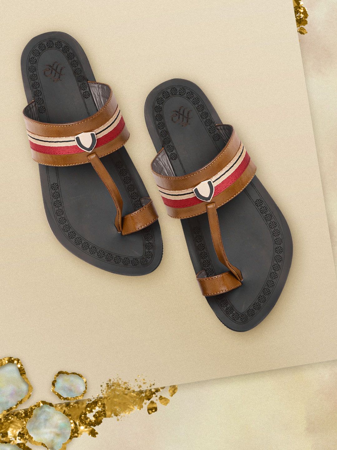 House of Pataudi Men Olive Brown Striped Handcrafted Comfort Sandals