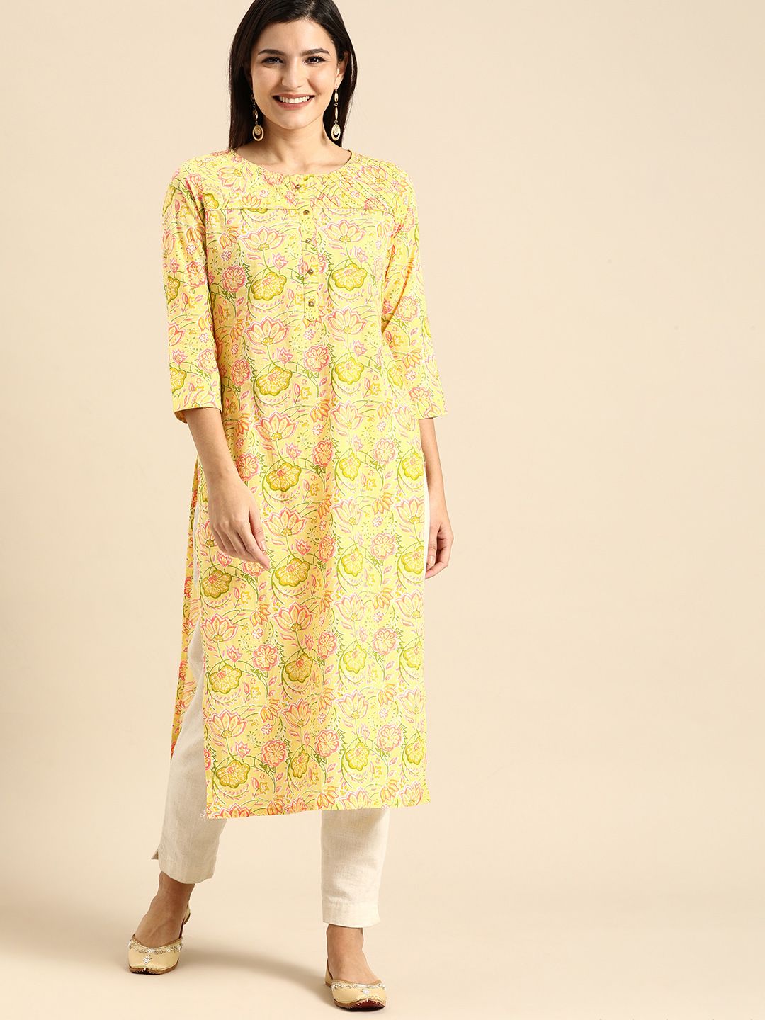 Rajnandini Yellow Floral Printed Pure Cotton Kurta Price in India