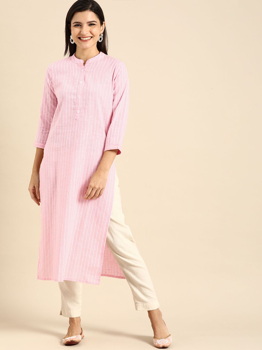 Rajnandini Pink & White Striped Pure Cotton Kurta Price in India