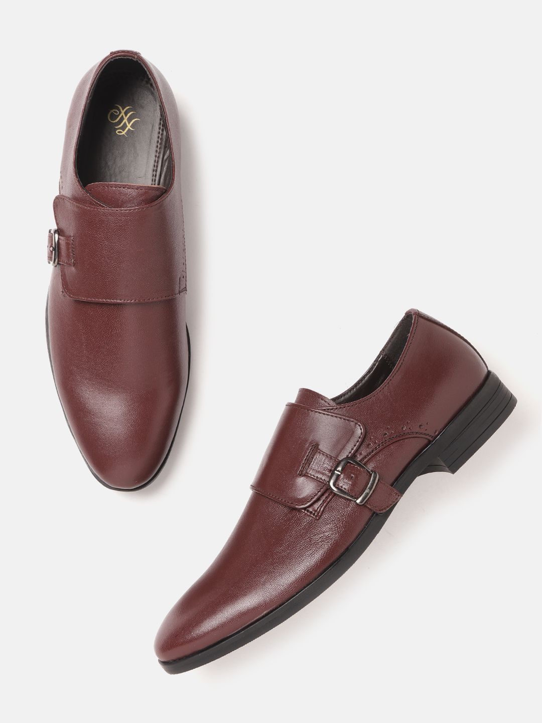 House of Pataudi Men Burgundy Solid Handcrafted Formal Monk Shoes