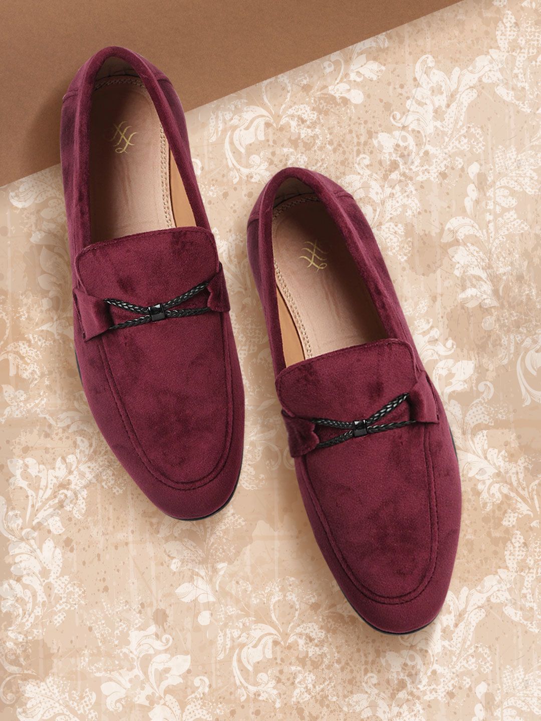 House of Pataudi Men Burgundy Solid Velvet Finish Party Loafers