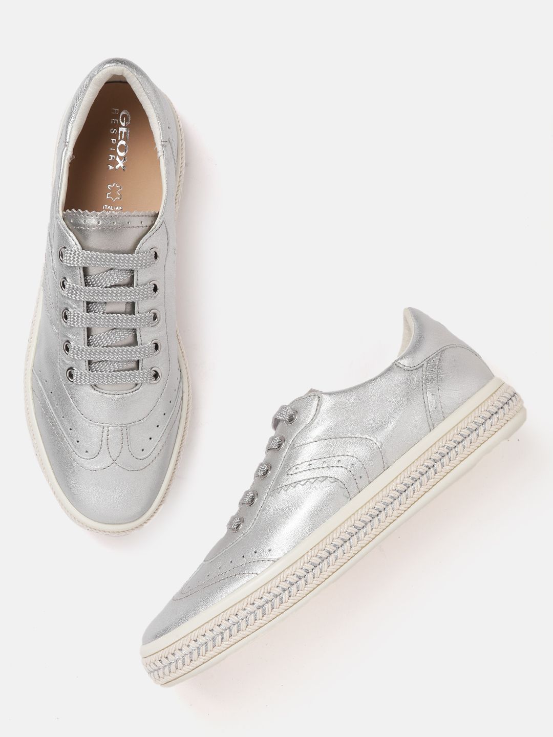 Geox Women Silver-Toned Leather Sneakers Price in India