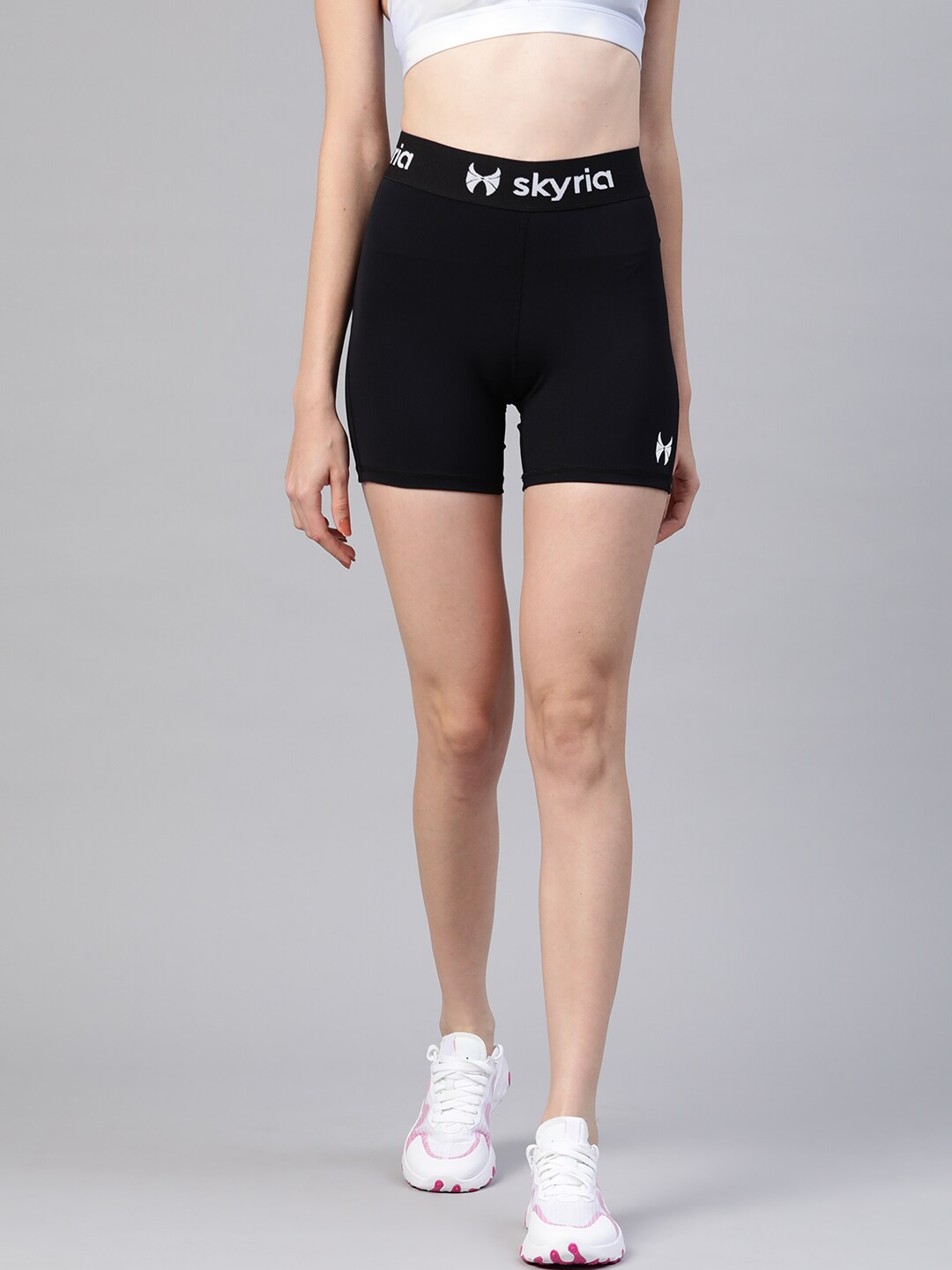 skyria Women Black Slim Fit Mid-Rise Work-Out Shorts Price in India
