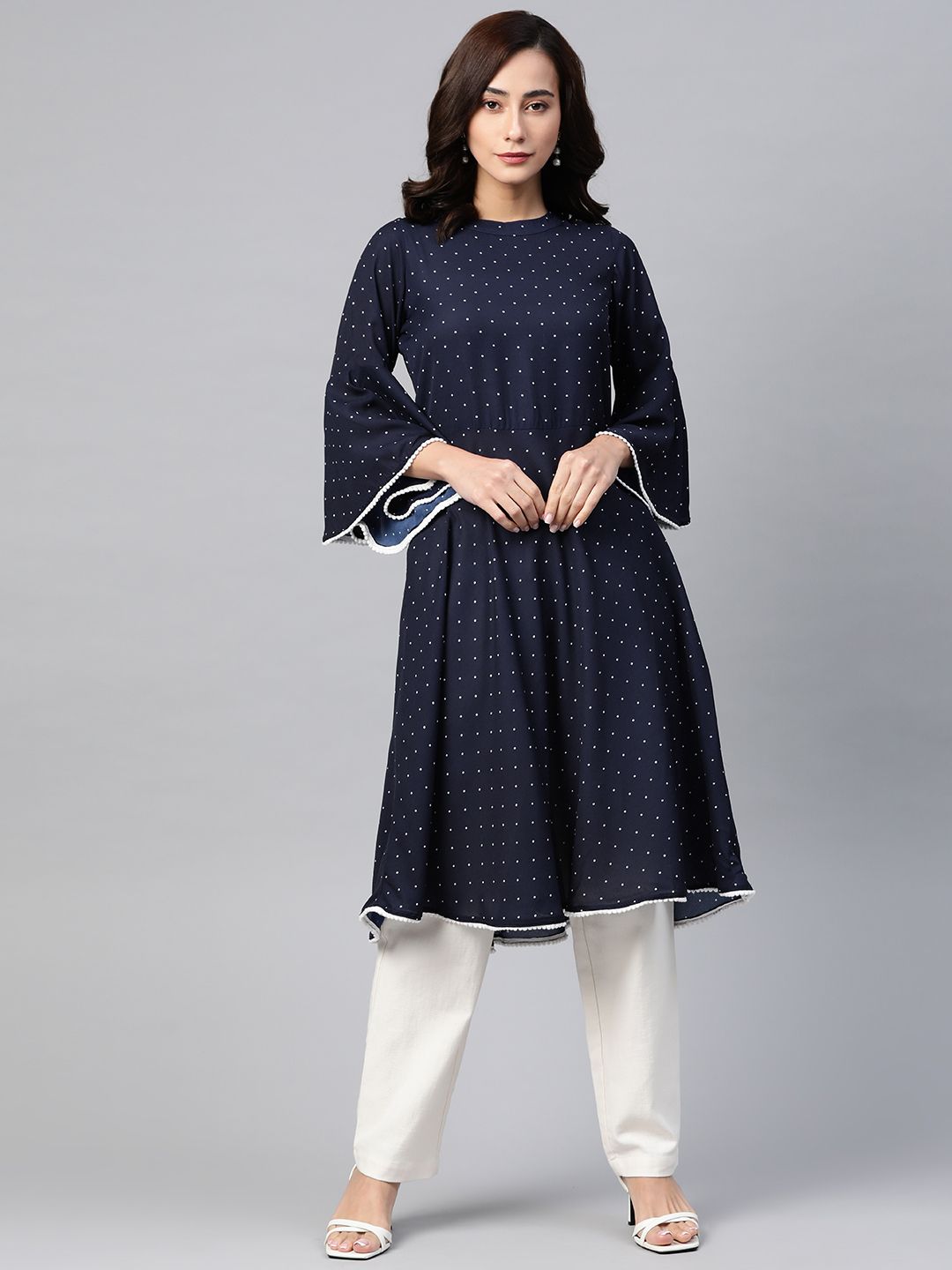 Jompers Women Navy Blue & White Dotted Print Bell Sleeves A-Line Kurta Price in India