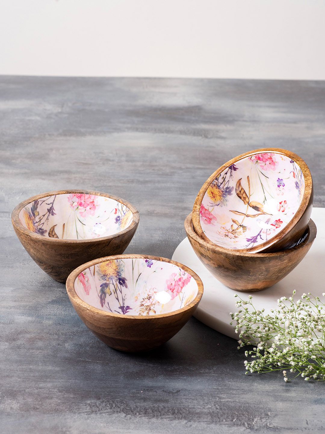 nestroots Set of 4 Brown & White Printed Wooden Decorative Serving Bowl Price in India