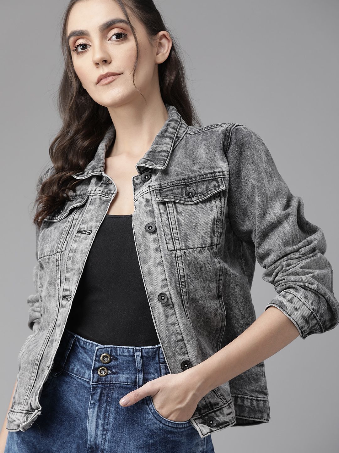 Roadster Women Charcoal Grey Cotton Solid Denim Jacket Price in India