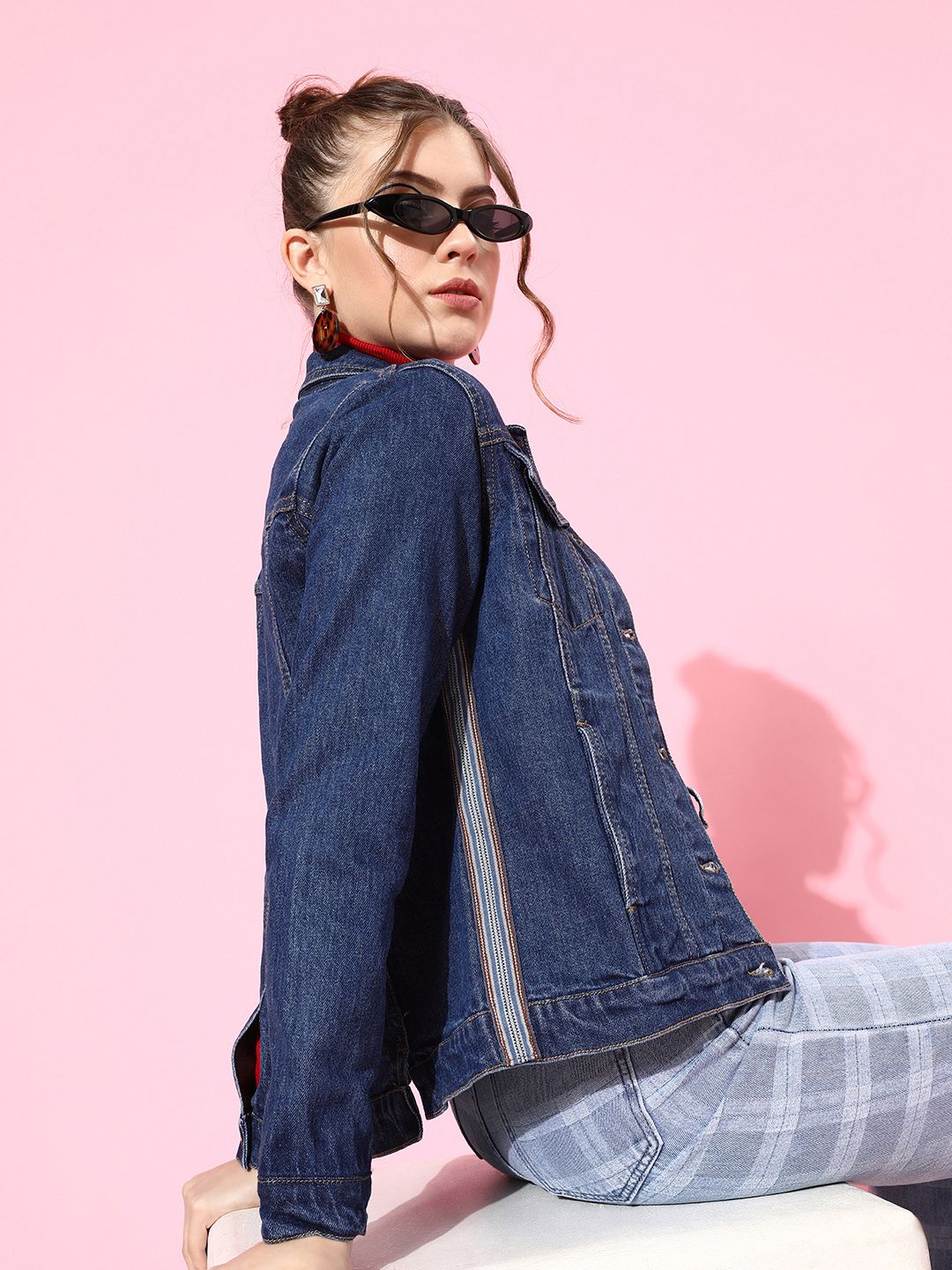 Roadster Woman Blue Solid Denim Trucker Jacket Price in India