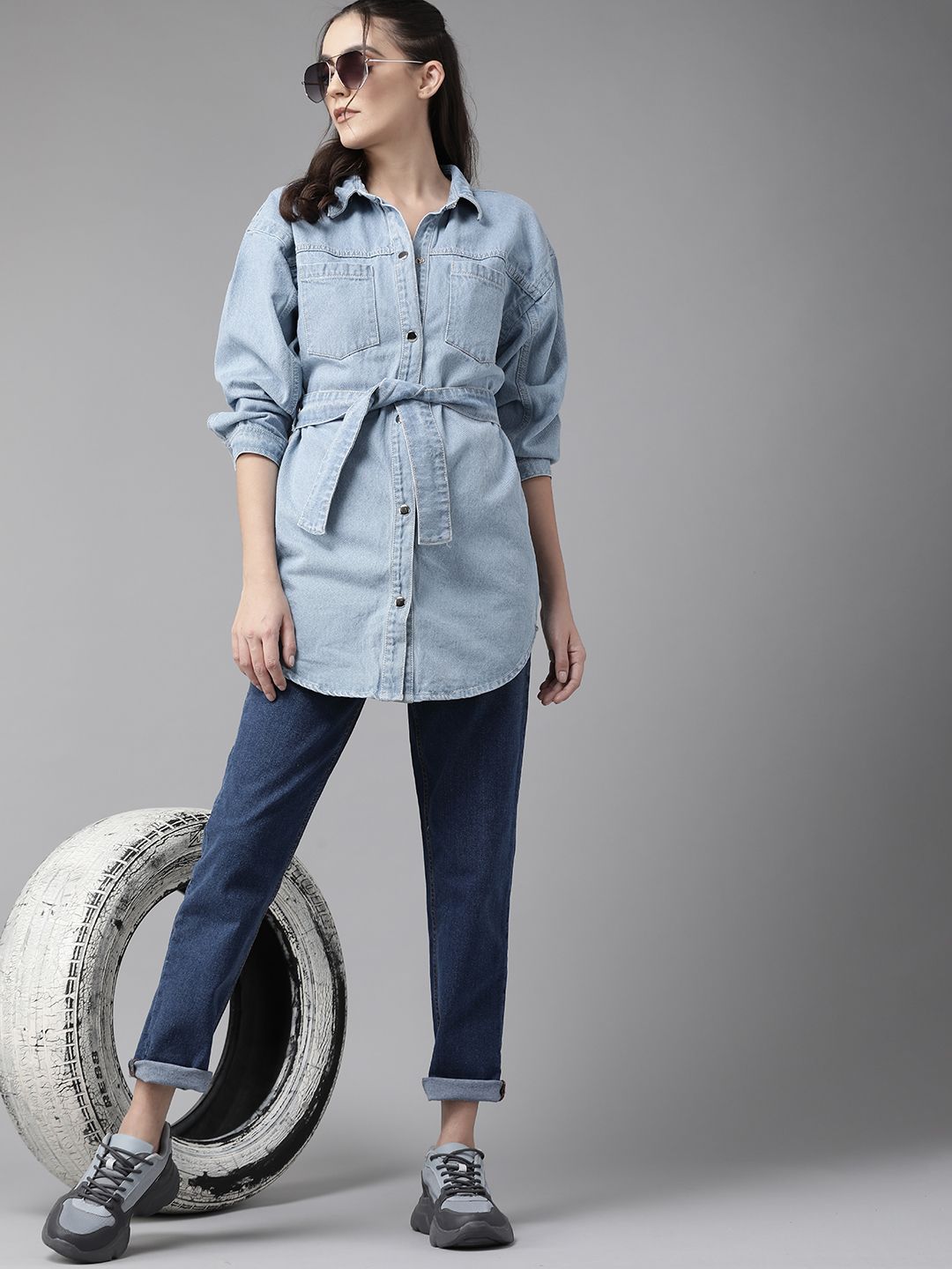 Roadster Women Blue Solid Cotton Longline Denim Jacket With Belt Price in India