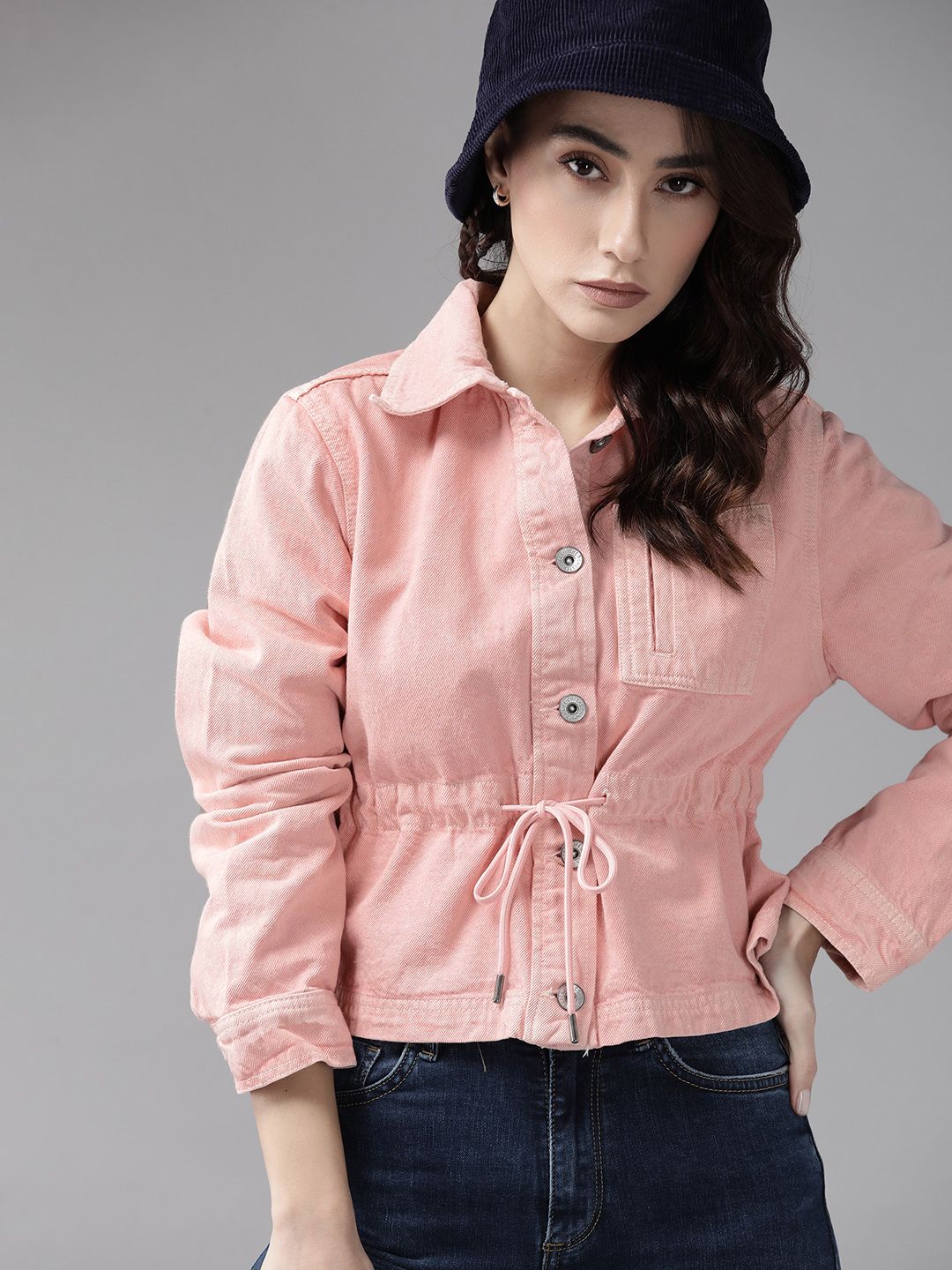 Roadster Women Pure Cotton Pink Denim Jacket Price in India