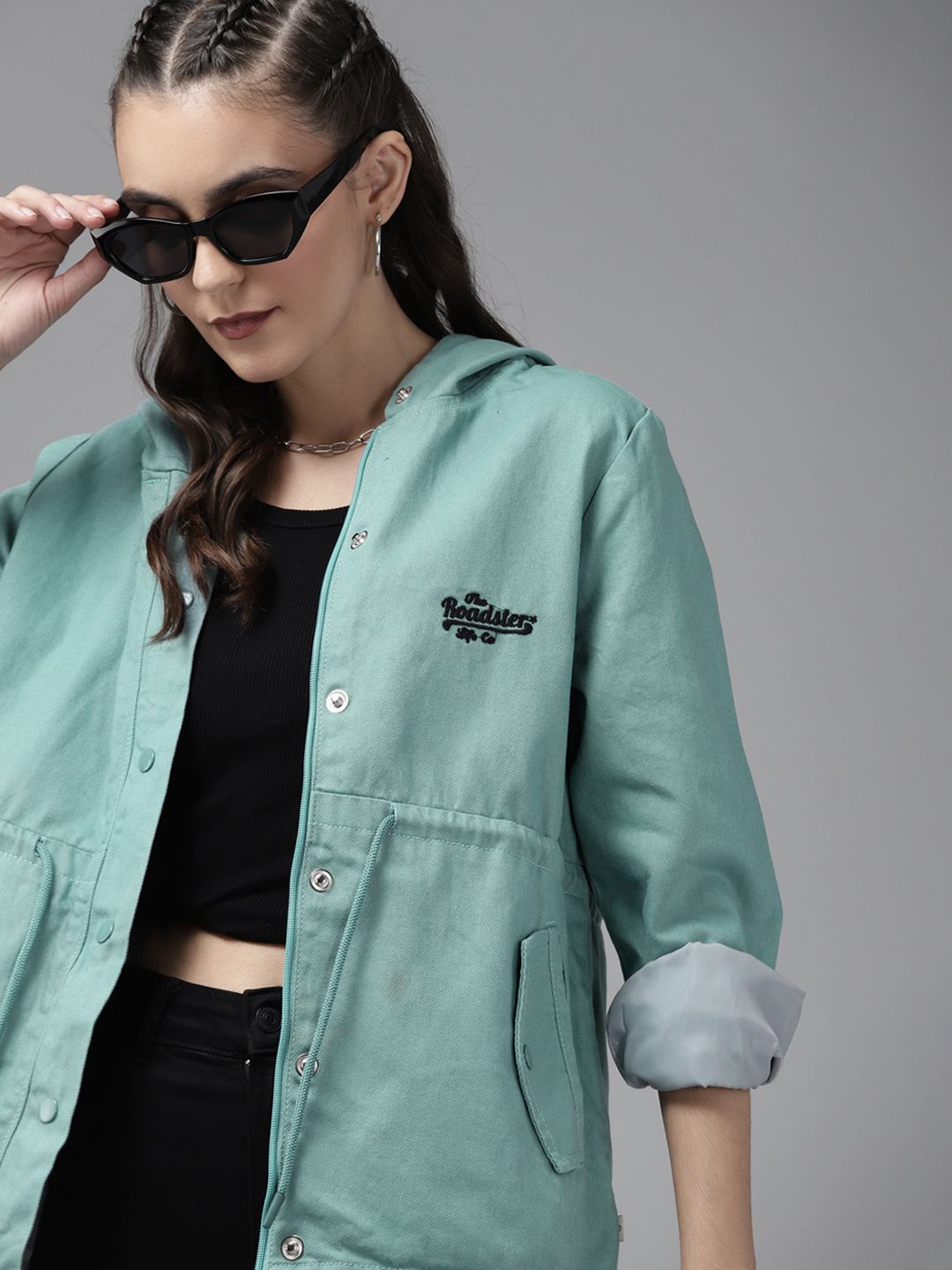 Roadster Women Sea Green Pure Cotton Hooded Denim Jacket with Adjustable Waist Tie-Up Price in India