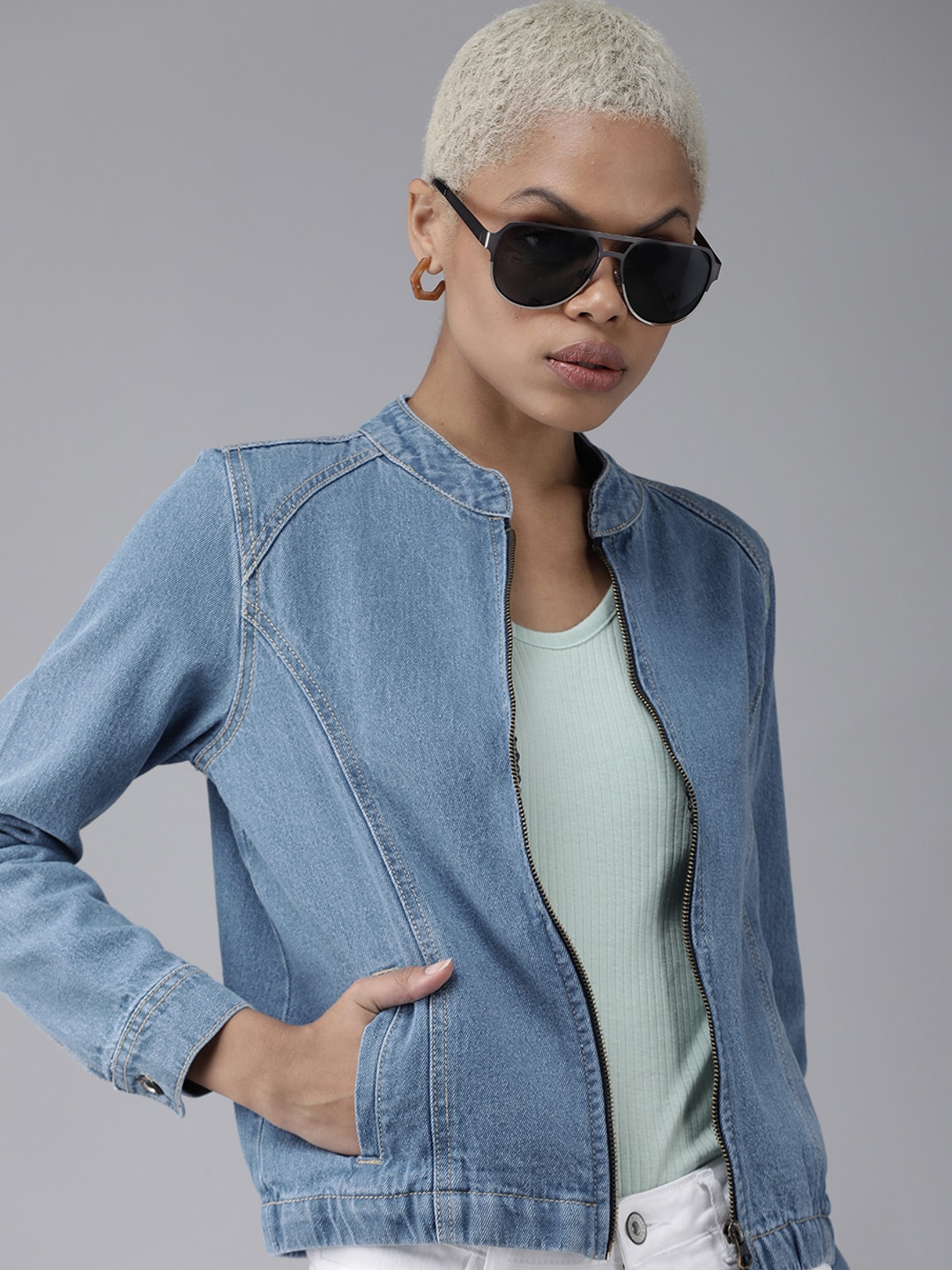 Roadster Women Blue Solid Stand-Collar Denim Jacket Price in India