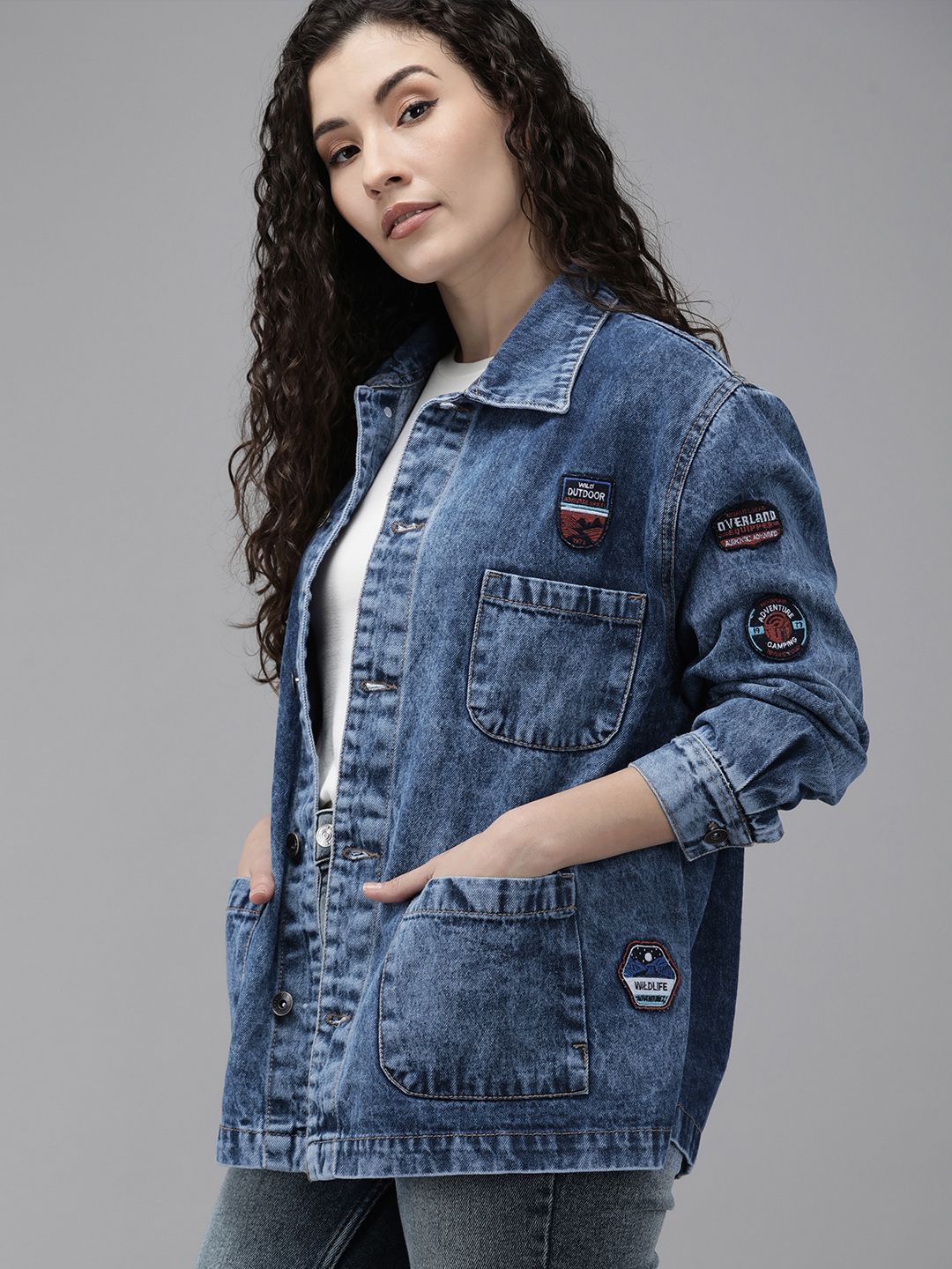 Roadster Women Blue Denim Jacket with Patchwork Price in India