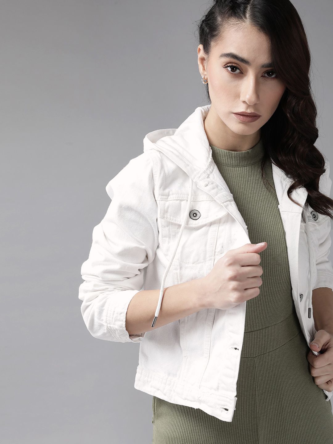 Roadster Women Pure Cotton White Hooded Denim Jacket Price in India