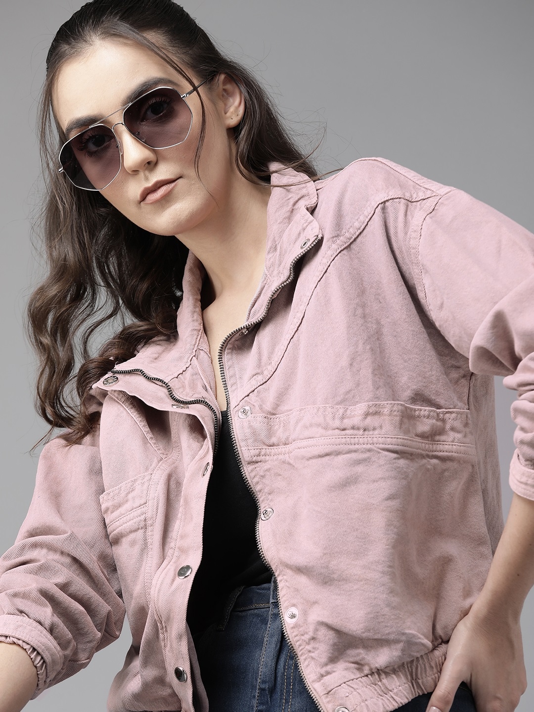 Roadster Women Mauve Solid Cotton Denim Jacket Price in India