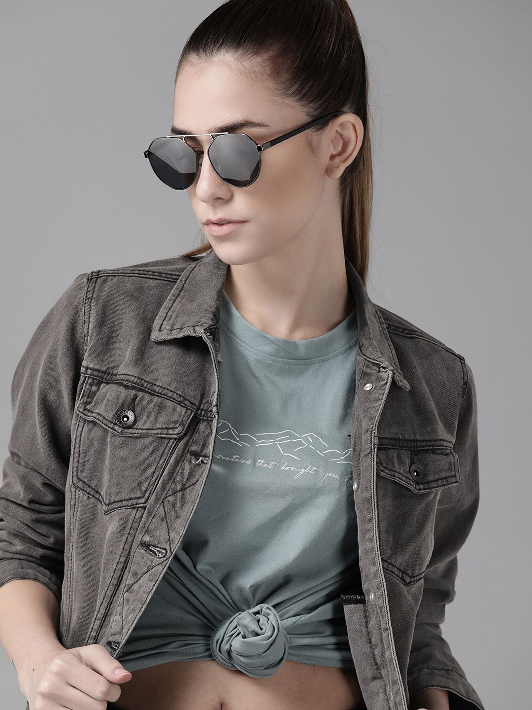 Roadster Women Charcoal Solid Denim Jacket Price in India