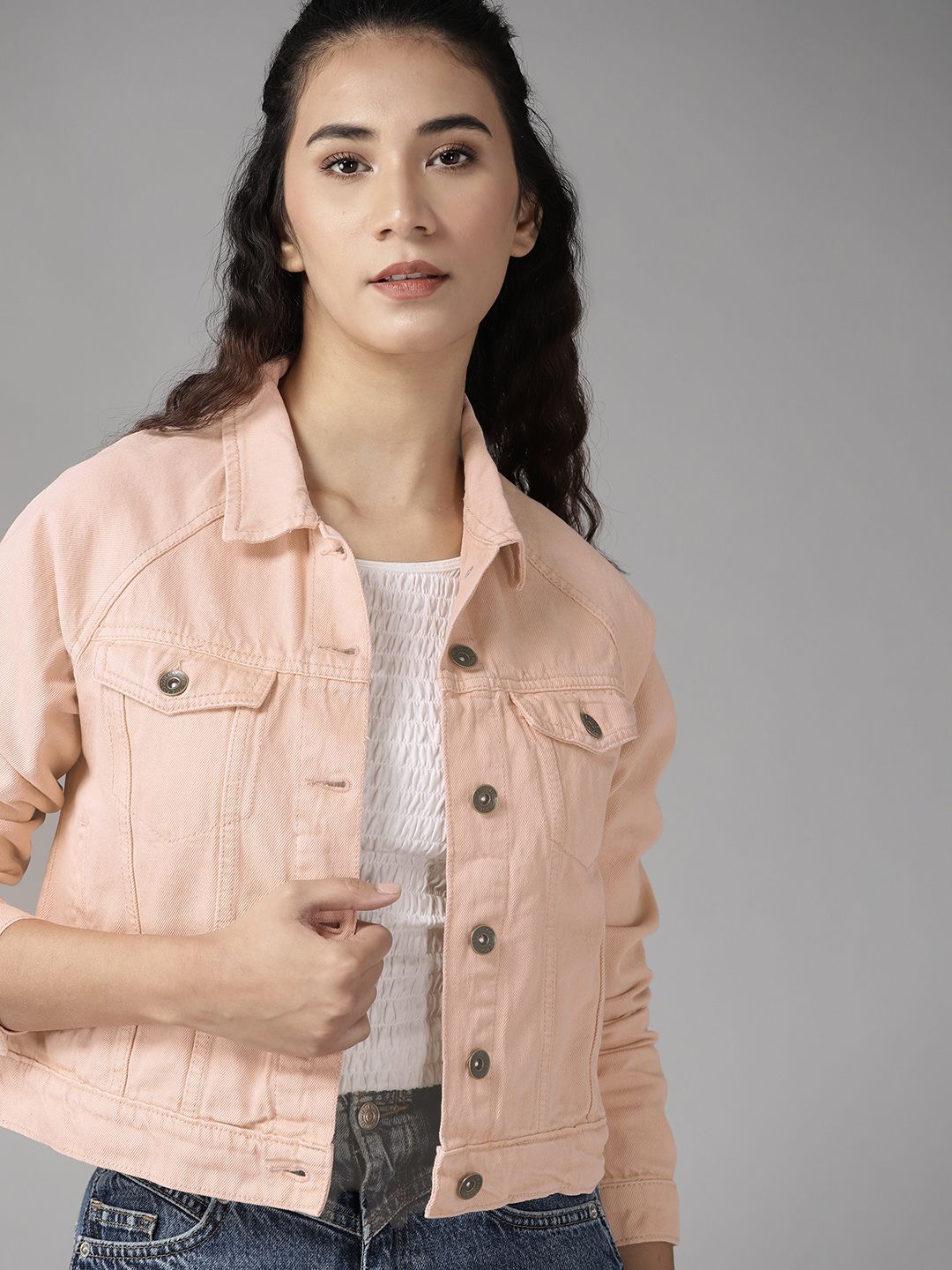 Roadster Women Peach-Coloured Pure Cotton Solid Denim Jacket Price in India