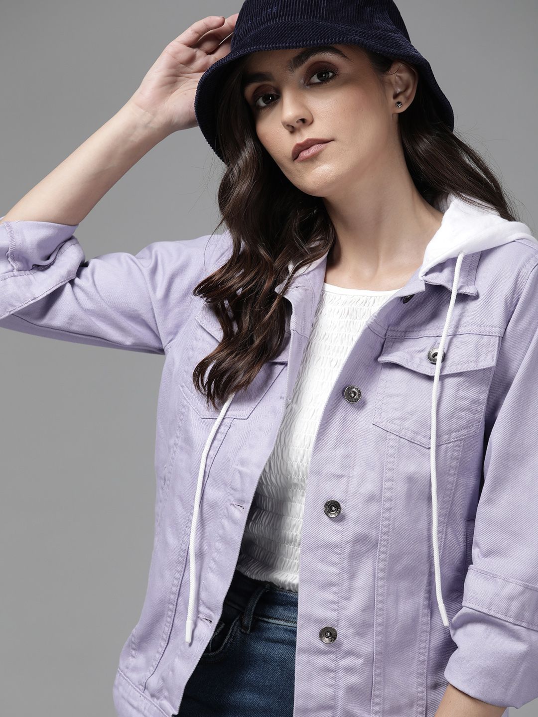 Roadster Women Lavender Pure Cotton Hooded Denim Jacket Price in India