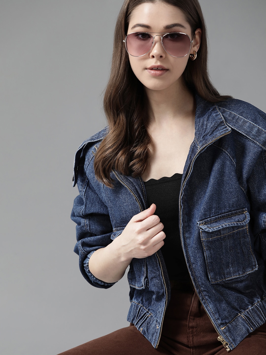 Roadster Women Navy Blue Solid Pure Cotton Denim Jacket Price in India