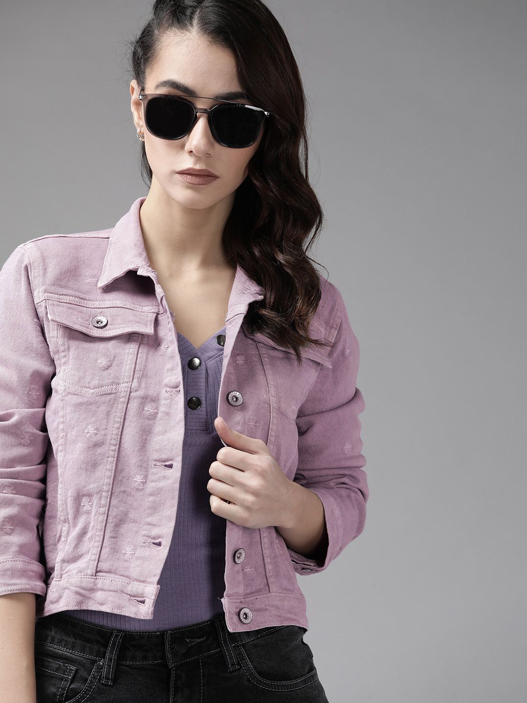 Roadster Women Mauve Pure Cotton Embroidered Denim Jacket Price in India
