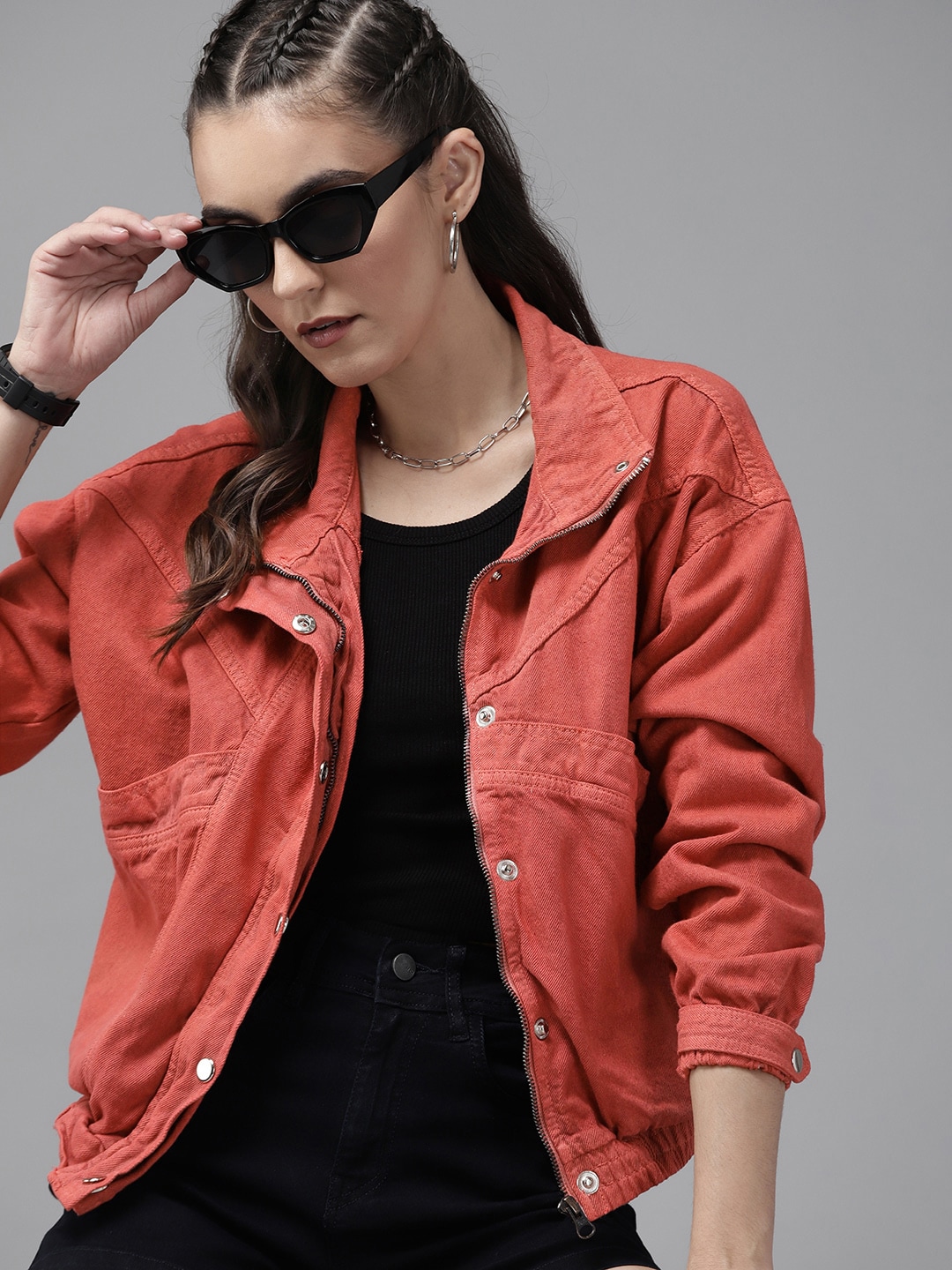 Roadster Women Brick Red Pure Cotton Solid Denim Bomber Jacket Price in India