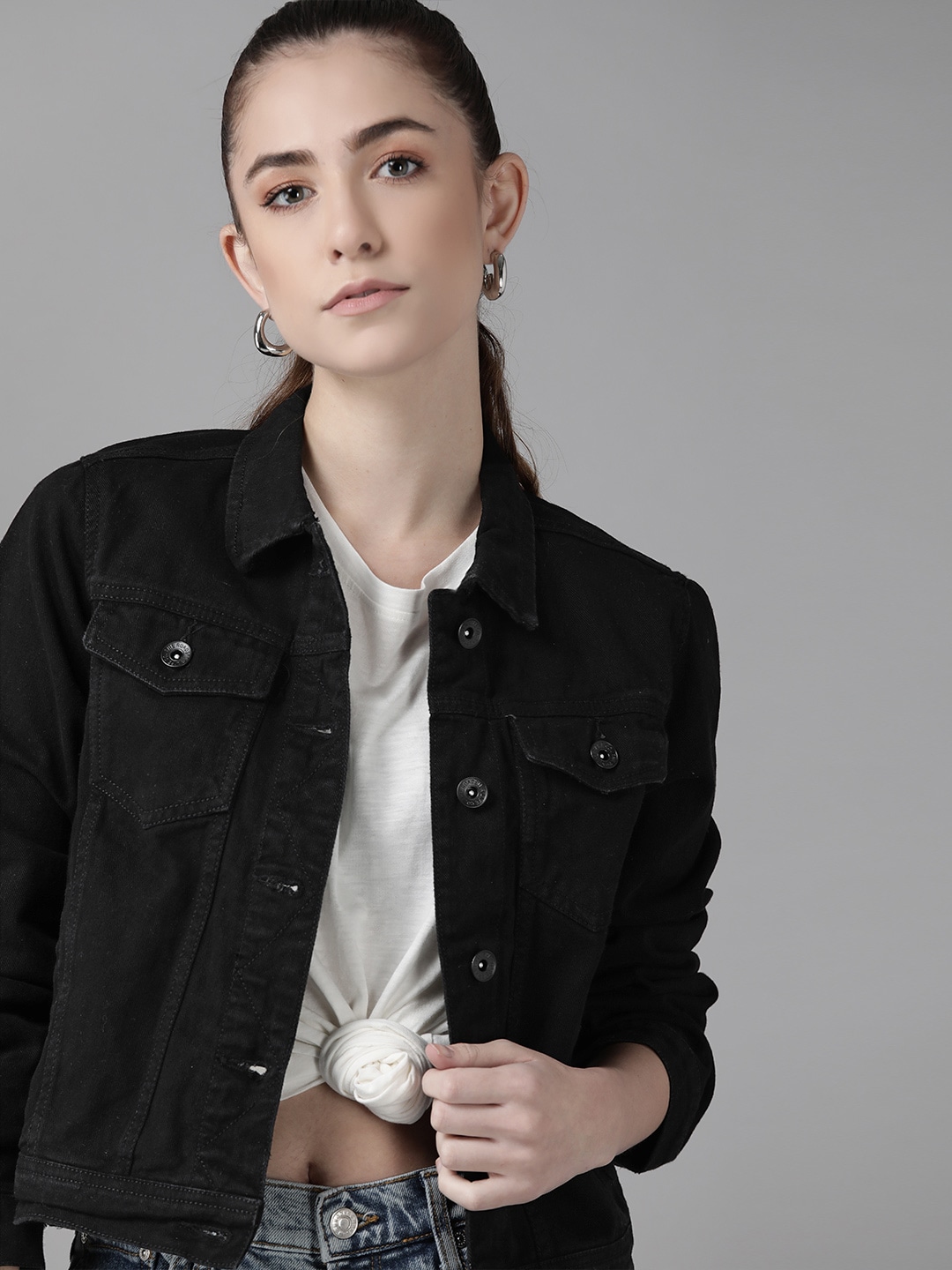 Roadster Women Black Solid Pure Cotton Denim Jacket Price in India