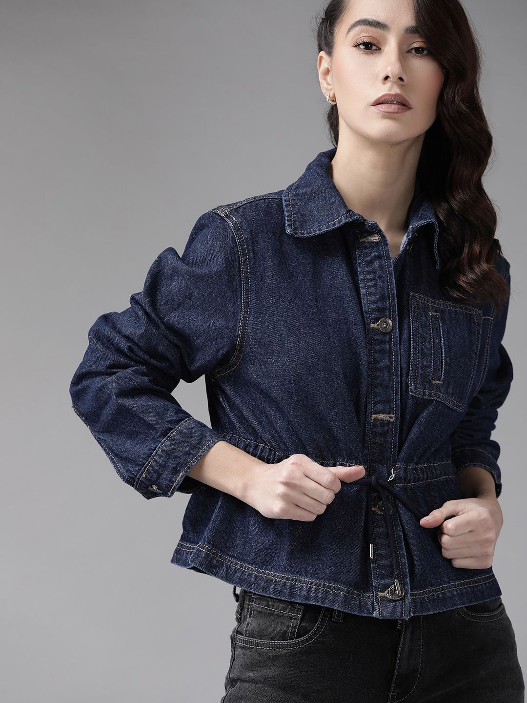 Roadster Women Navy Blue Pure Cotton Solid Denim Jacket with Waist Tie-up Price in India